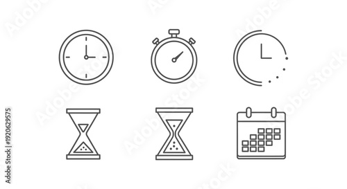 Time management icons clock hourglass stopwatch and calendar symbols