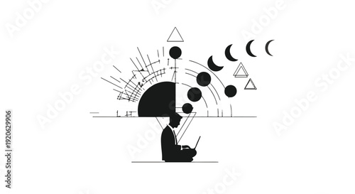 person sitting with laptop and celestial symbols