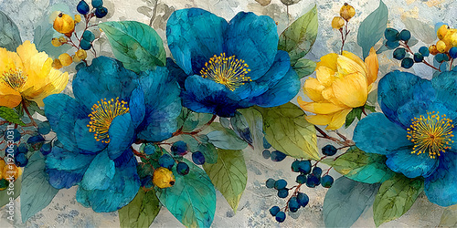 Vibrant blue flowers and yellow berries on a textured background