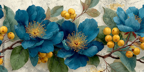 Vibrant blue flowers and yellow berries on a textured background