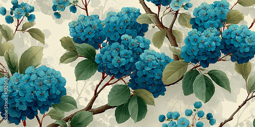 Elegant vintage floral pattern with soft blue and cream peonies and greenery