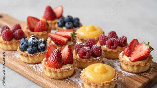 Wallpaper Mural Miniature tarts filled with lemon curd and topped with fresh berries (strawberries, raspberries, blueberries) dusted with powdered sugar, arranged on a wooden board. Delicious and visually appealing. Torontodigital.ca