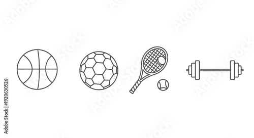 Sports equipment icons basketball soccer ball tennis dumbbell illustrations