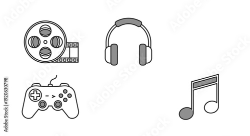 Media and entertainment icons film headphones controller and music note