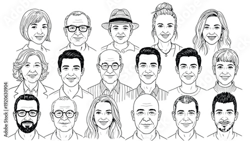Black-and-white illustration of a diverse group of 18 smiling people arranged in three rows. Features include hats, glasses, various hairstyles.