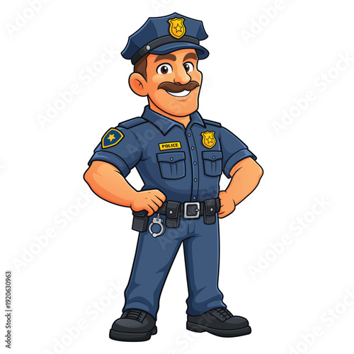 Friendly Police Officer Cartoon Character Standing Confident Pose, Law Enforcement Illustration