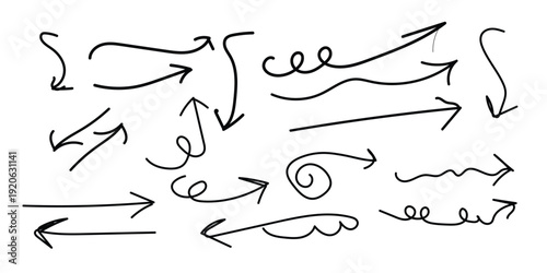 Collection of hand drawn arrows and directional symbols