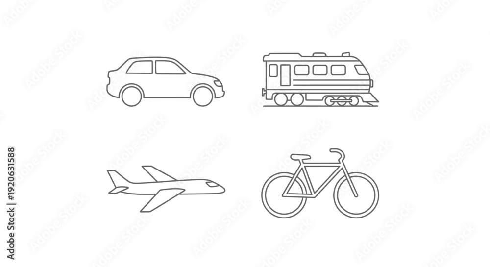 Naklejka premium Outlined transportation vehicles car train airplane and bicycle icons