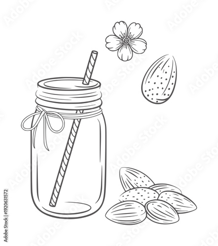 Black and white line of a mason jar with straw almonds and a flower