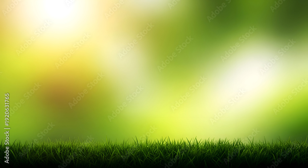Fototapeta premium Happy easter Soft Focus Green Grass Field With Bright Sunlight Bokeh Background nature