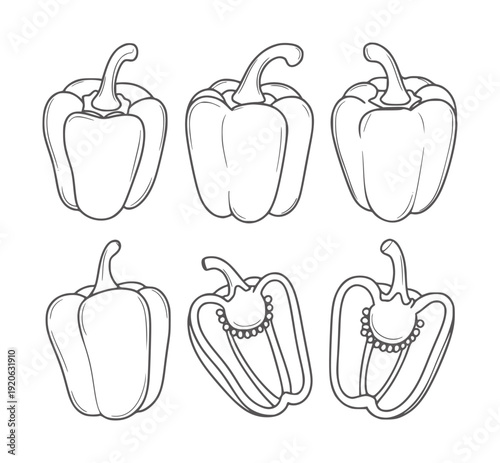 Black and white line of six bell peppers whole and halved capsicum vegetable food