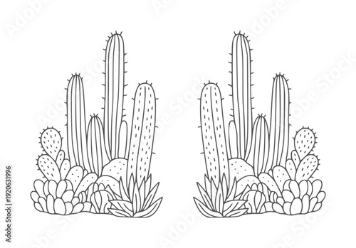 Black and white line of two symmetrical cactus arrangements succulent