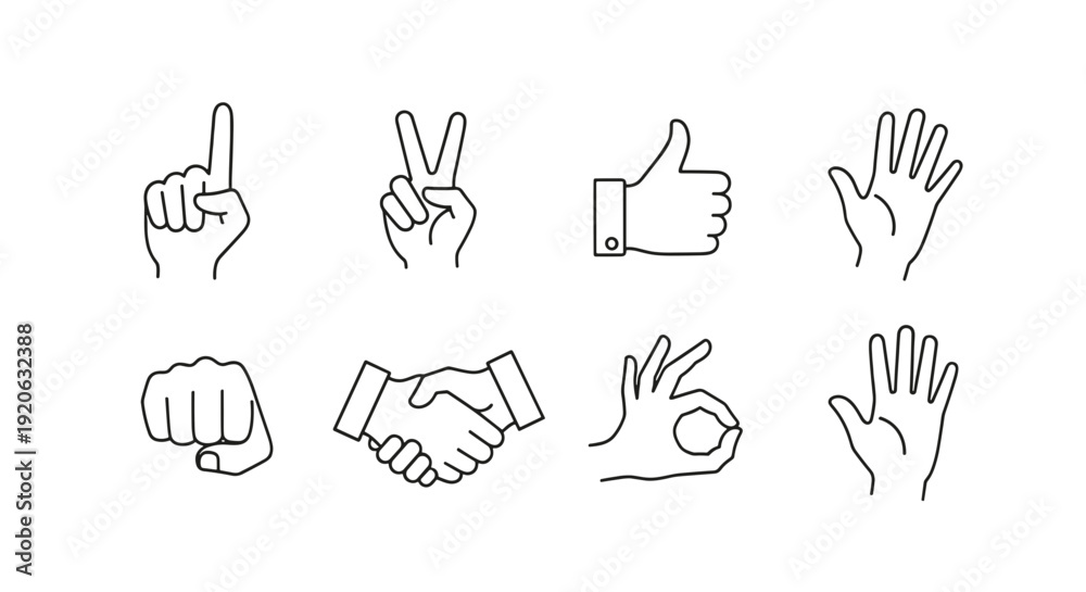Fototapeta premium A set of hand gestures icons in a minimal line art style on transparent background