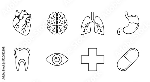 A set of medical icons including organs and symbols on transparent background