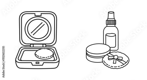 Cosmetics illustration makeup compact jar spray bottle and powder puff set