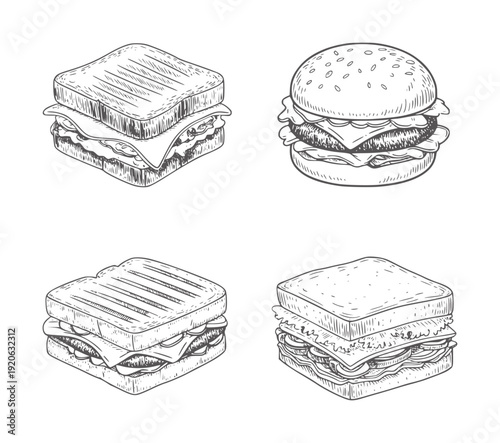 Hand drawn of four different sandwiches and a hamburger food bread cheese