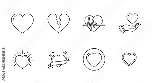 A set of minimalist heart icons in various designs on transparent background
