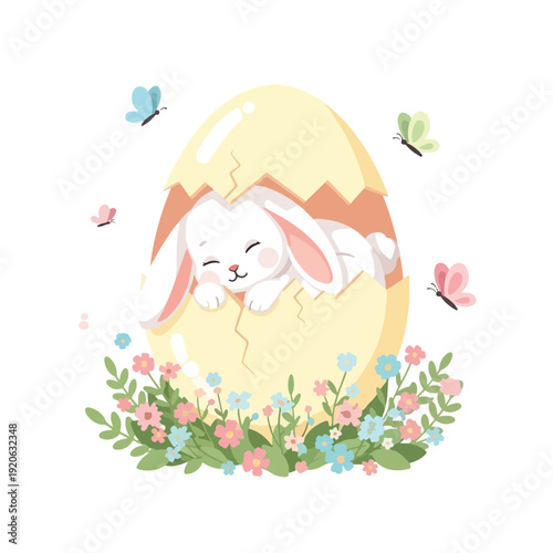 A cute white bunny sleeping inside a cracked Easter egg surrounded by colorful butterflies and flowers on a white background. Perfect for Easter, spring celebrations, and children's party