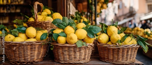 Wallpaper Mural Fresh lemons with leaves displayed in woven baskets on a market stall Torontodigital.ca
