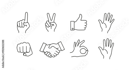 A set of hand gestures icons in a minimal line art style on transparent background