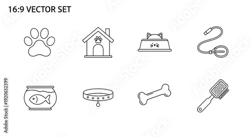 A set of dog icons and accessories in a minimal vector graphic design on transparent background