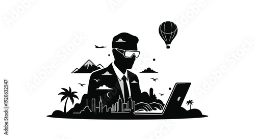 Businessman working on laptop with travel and adventure elements