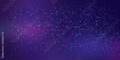 Purple abstract pixel texture bg video screen. Tv pattern background with square noise effect. Futuristic broadcast neon gradient banner for television. Modern vhs led static display element