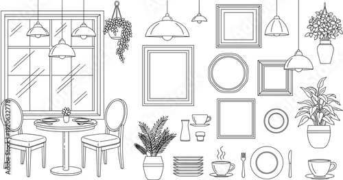 Cafe dining table setting and wall decor line art vector set with hanging plants picture frames plates and coffee cups