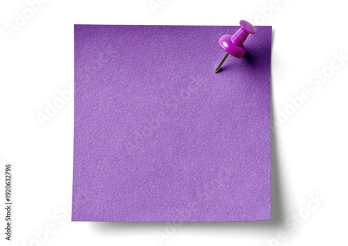 Close-up of a purple sticky note with a pink thumbtack on a white background