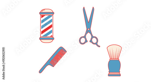 Barber shop tools stylized illustrations of barber pole scissors comb and brush