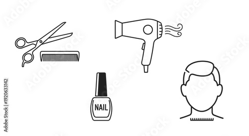 Hair salon tools scissors comb dryer nail polish and silhouette head