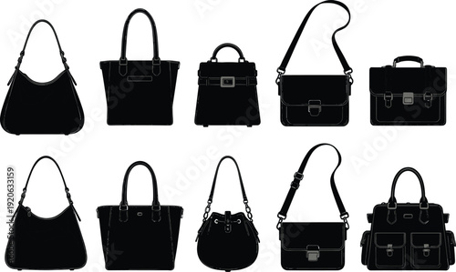 Black handbag collection vector set, women purses and totes outline, shoulder bags satchels briefcases illustration, fashion accessories line art, luxury bag silhouettes graphic pack