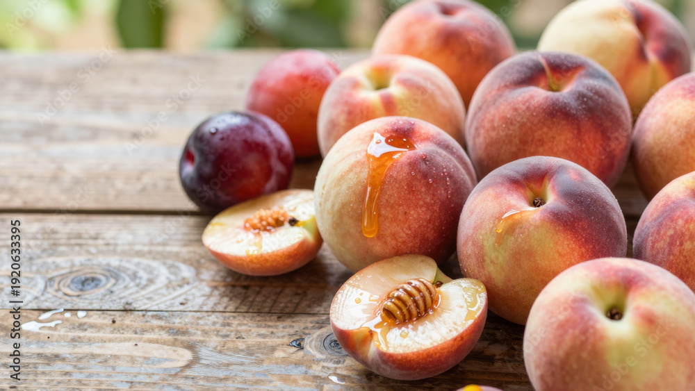 Obraz premium Ripe peaches, some halved to reveal juicy interiors, sit on a weathered wooden surface. Vibrant colors and a shallow depth of field create a fresh, appetizing scene.