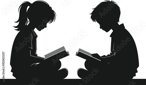 Black silhouette children reading books together, boy and girl kids studying, focused young readers illustration, education learning childhood vector graphic, school library moment design