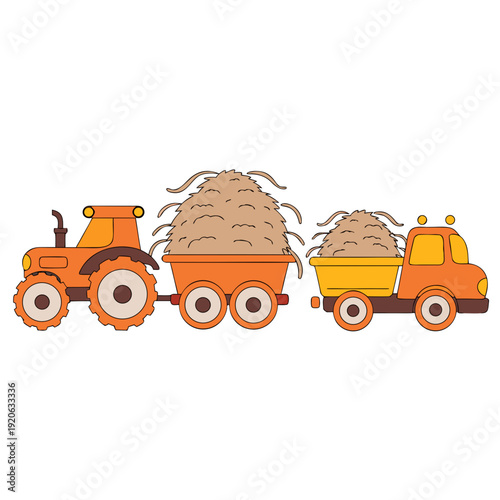 Adorable orange cartoon tractor pulling a large hay trailer, with a cute farm truck also carrying hay, depicting a cheerful agricultural harvest scene