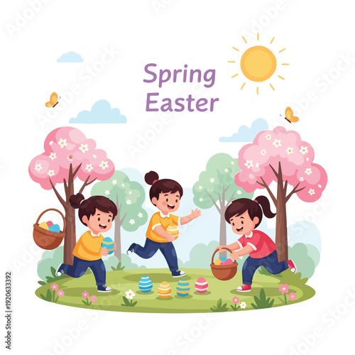 Three children collecting Easter eggs in a spring landscape with blooming trees and sunny weather. Perfect for Easter, spring festivals, and children's activities.