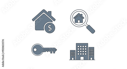 Real estate and property investment icons representing buying and selling