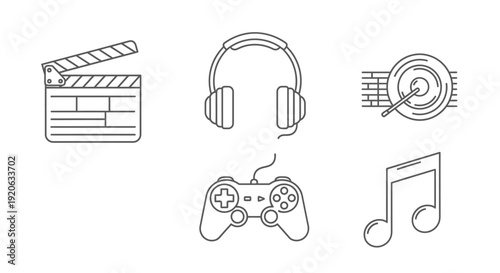 Iconic symbols of entertainment clapperboard headphones game controller music note