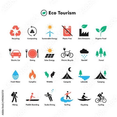 Eco tourism icons for travel and adventure activities