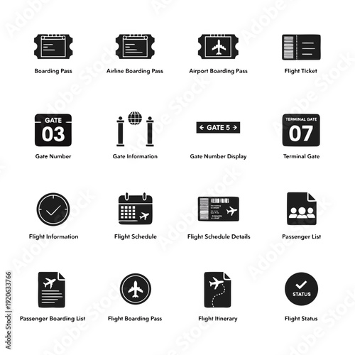 Airport travel icons and symbols in black and white