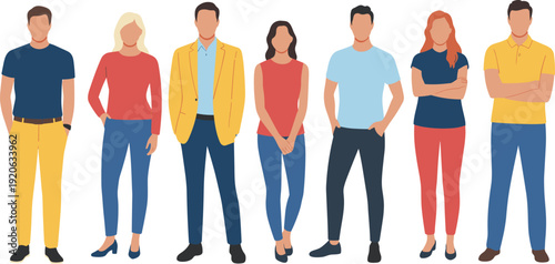Diverse group of people standing together illustration, colorful casual business fashion avatars, modern flat design characters, multicultural team lineup vector, young adults portrait pack