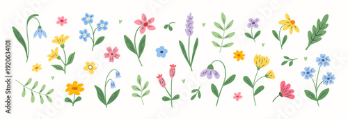 Doodle set of flowers with leaf branches