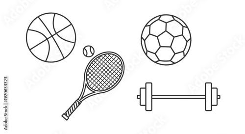 Sports equipment collection basketball soccer ball tennis and dumbbell symbols