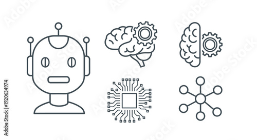 Artificial intelligence icons depicting robotics brain circuit board and networks
