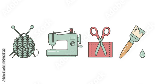 Crafting tools sewing machine knitting scissors and paint brush icons