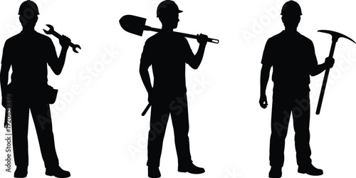 Construction workers silhouette set, builder men with tools, industrial labor collection, handyman characters isolated, engineering workforce illustration, professional worker poses