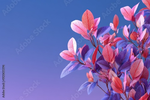 Vibrant pink and purple leaves against a blue gradient background for creative stock photography