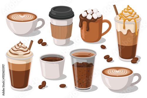 Coffee vector set clipart design featuring cups, mugs, beans, takeaway coffee, espresso, latte art, and modern flat illustration