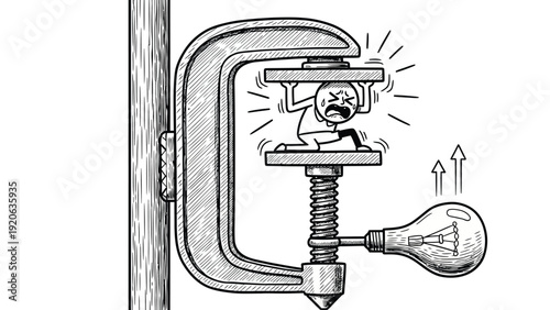 A sketch shows a frustrated person inside a tightening clamp, symbolizing stress or pressure. A light bulb is attached, representing ideas or creativity.