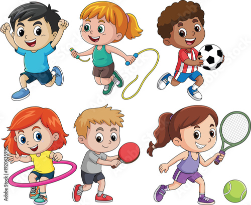 Happy kids playing sports cartoon set, children activity characters collection, jumping rope football tennis ping pong illustration, playful kids